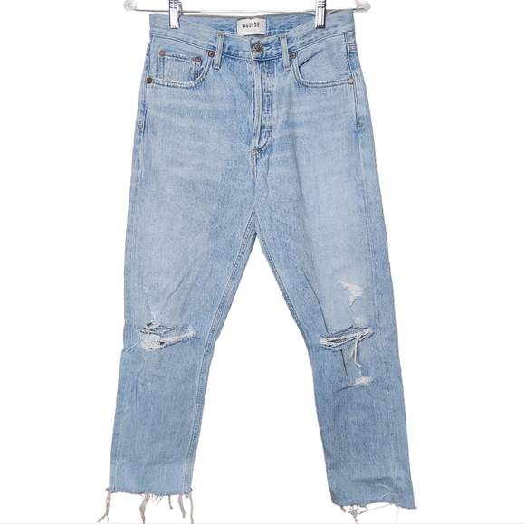 Agolde Riley Crop Jeans High Rise Light Wash Distressed Knees Size 26 Women's - Picture 2 of 10